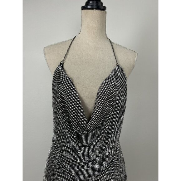 Rhinestone Chainmail Side Slit Sexy Mini Dress Silver & Black Party Size S/M - Picture 13 of 16